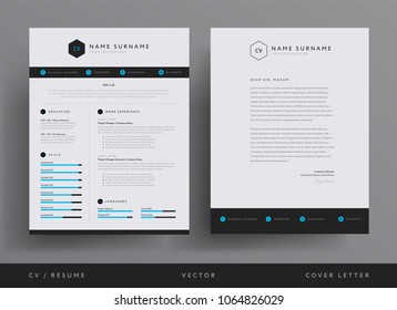 Professional CV resume template design and  letterhead / cover letter - vector minimalist - black and white