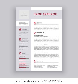 Professional CV / resume template  design - vector minimalist - red and white resume cv template