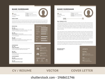 Professional CV resume template design and letterhead. Cover letter - vector minimalist. Black - Brown