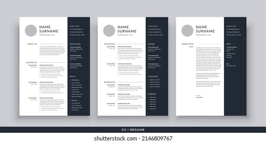 Professional CV resume template design and cover letter - vector minimalist - black and white