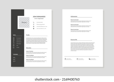 Professional CV resume template design, A4 size vector minimalist black and white.