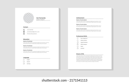 Professional CV resume template design and A4 size two page vector minimalist - black and white.