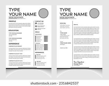 Professional CV or resume template design with letter cover design. Black and white resume layout .