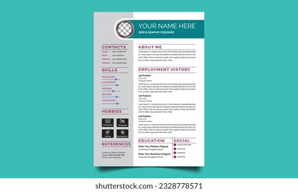 Professional CV resume template design. Business layout vector clean for job applications. In A4 size.
