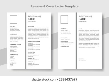 Professional CV resume template design and letterhead cover letter - vector minimalist, minimalist resume design - black and white