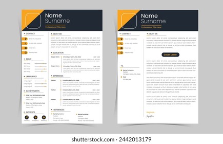 Professional CV resume template design and cover letter - vector minimalist - yellow and blue