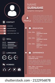 Professional CV Resume Template. Modern Simple Clean Design. Dark Color Theme. A4 Paper Size. Editable Vector. Suitable for Job Application.