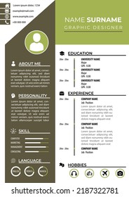 Professional CV Resume Template. Modern Simple Design. Green and White Color Background. Editable Vector. A4 Paper Size. Suitable for Job Application