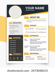 Professional Cv Resume, Yellow And Black Colors, Elegant Stylish Cv Resume Design Template