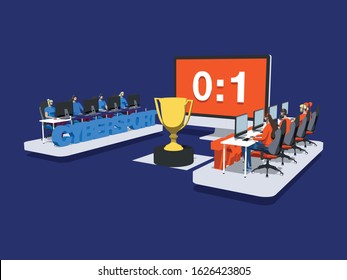 The professional cybersport tournament for the golden cup on dark blue background. rivalry between two teams, an unequal score 