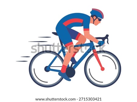 Professional cyclist in blue and red kit competing in a high-speed road cycling race