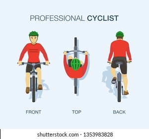 Professional cyclist. Front, back and top view of bicycle. Flat vector illustration.
