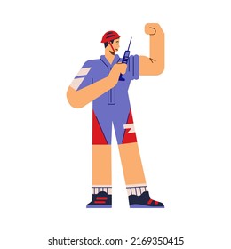 Professional cyclist injection doping with syringe, flat vector illustration isolated on white background. Man using illegal anabolic drugs for muscle gain. Concept of doping control and prevention.