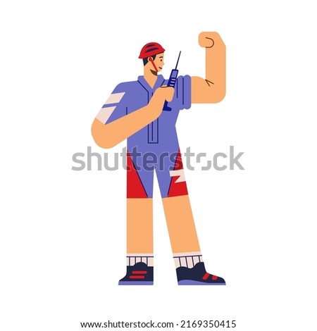 Professional cyclist injection doping with syringe, flat vector illustration isolated on white background. Man using illegal anabolic drugs for muscle gain. Concept of doping control and prevention.