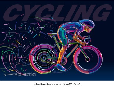 Professional cyclist involved in a bike race. Vector artwork in the style of paint strokes.
