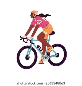 Professional cyclist rides on bike. Black bicyclist cycling on track. Sportswoman is in bicycle race. Athlete of Tour de France rushing to win. Flat isolated vector illustration on white background