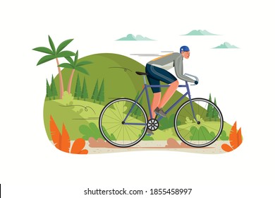 Professional cyclist riding sport bike. Sport athlete cycling at park. Fast road biker. Flat vector illustration