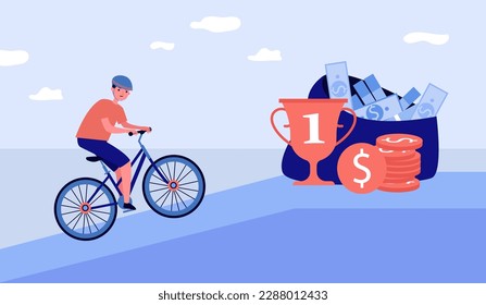 Professional cyclist riding uphill vector illustration. Sportsman on bicycle coming first, getting money and golden cup award. Cycling, professional sport, competition, career concept