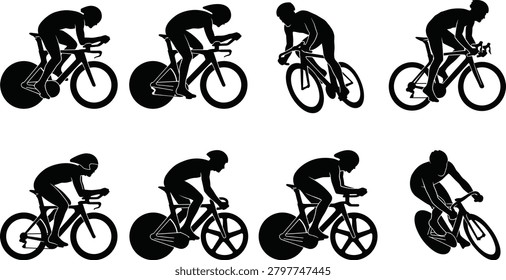 Professional cyclist silhouettes set featuring road bike racers in aerodynamic time trial poses isolated on white background