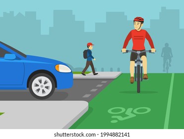 Professional cyclist turned his head and looking at blue sedan car. Front view of cycling bike rider on a bicycle lane. Flat vector illustration template.