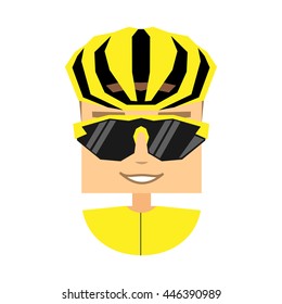 Professional cyclist in yellow jersey - general classification. Flat style character, square head style. Avatar icon. Vector illustration.