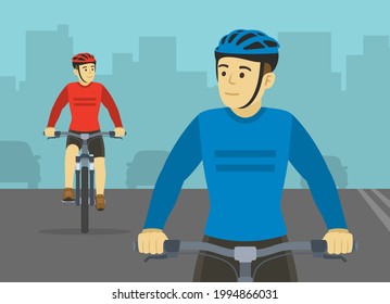 Professional cyclists. Close-up front view of cycling bike riders on the city road. Flat vector illustration template.