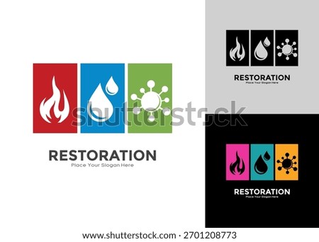 Professional damage restoration vector logo. Features icons for fire, water, and mold cleanup, repair, and mitigation services. Great for property crisis management companies