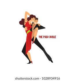 Professional dancer couple dancing the paso doble, pair of young man and woman dressed in elegant clothing performing dance vector Illustration on a white background