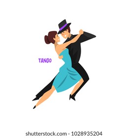 Professional dancer couple dancing tango, pair of young man and woman dressed in elegant clothing performing dance vector Illustration on a white background