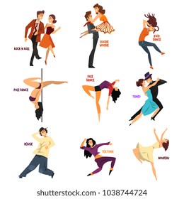 Professional dancer people dancing, young man and woman performing modern and classical dances vector Illustrations on a white background