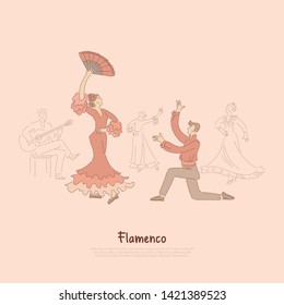 Professional dancers, elegant woman in red dress performing flamenco, traditional spanish dance, entertainment show banner