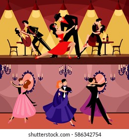 Professional dancers horizontal banners with couples dancing in latin and classic styles vector illustration