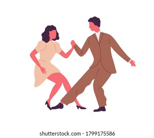 Professional dancers pair demonstrate Lindy hop or Swing at school or lesson vector flat illustration. Cute couple holding hands performing dance elements isolated. Choreography hobby or show