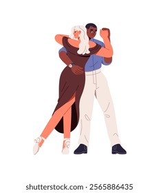 Professional dancers perform Argentine tango. Couple dances bachata, moves with Latin music. Performers do choreography with passion in class together. Flat isolated vector illustration on white