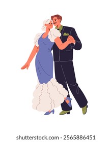 Professional dancers perform foxtrot. Couple dances Lindy hop together. Partners move with music. Performers do choreography elements in class. Flat isolated vector illustration on white background