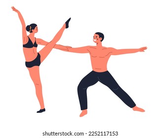 Professional dancers performing dance shows, isolated man and woman partners wearing special clothes on stage. Dancing couple making movements, learning or practicing for competition. Vector in flat 