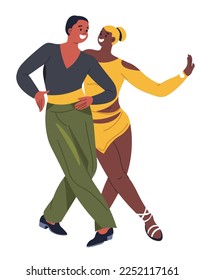 Professional dancers smiling and dancing, performing on stage. Man and woman wearing special clothes. Partner male and female, two characters practicing movements together. Vector in flat style