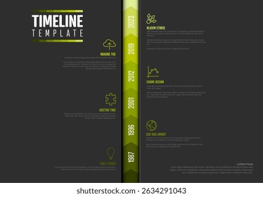 Una Plantilla de línea de tiempo minimalista oscura profesional con fechas e íconos para presentaciones de negocios. Esta Plantilla de línea de tiempo de Vertical visualiza la historia y el progreso de manera efectiva.
