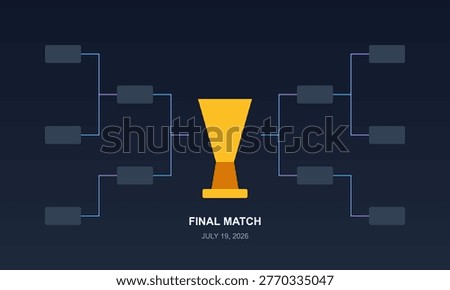 Professional dark mode user interface design showing a sports tournament bracket with a central golden trophy cup for gaming competitions, soccer playoffs, or esports final matches.