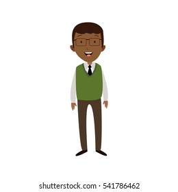 Professional Dark Skin Business Man Flat Character. Isolated in white background. Standing use a green vest.