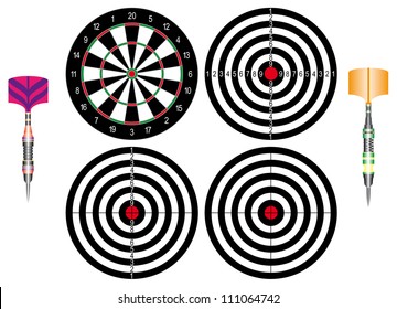 Professional darts. Set of Dartboards and of Classic darts on white background.
