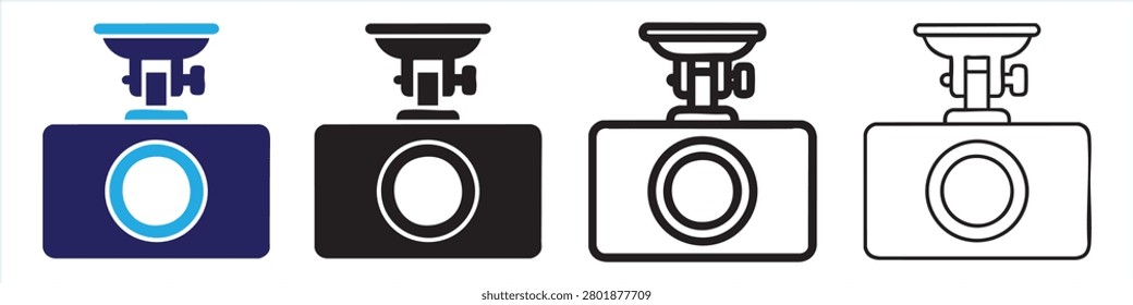 Professional dashcam icon set showing mounting bracket and lens details used for driving security surveillance automotive technology vector silhouettes.