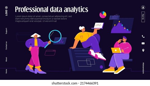 Professional data analytics banner with people team work with graph and analysis reports. Vector night mode of landing page with flat illustration of man and woman with laptop and magnifier