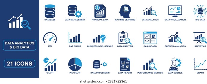 Professional data analytics and big data solid icon set featuring data visualization, business intelligence, machine learning, statistics, database management, dashboards, KPI tracking, performance metrics, charts, data processing, and financial analytics symbols. Perfect for business intelligence platforms, enterprise software, dashboards, reports, and web applications.