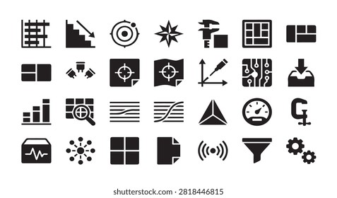 Professional data analytics and business interface icon set with business intell