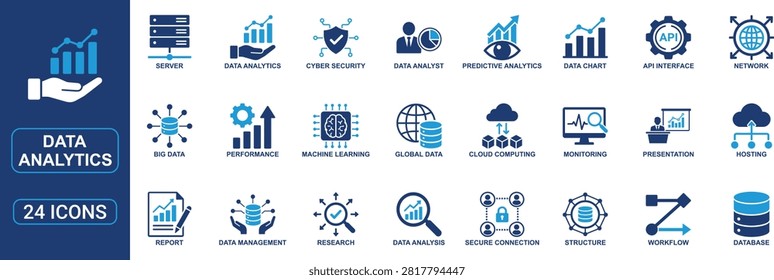 Professional data analytics solid icon set featuring big data, database, statistics, server, monitoring, cloud computing, machine learning, cyber security, network, API, data analysis, reporting, hosting, predictive analytics, and business intelligence symbols. Perfect for IT, software, and technology projects.
