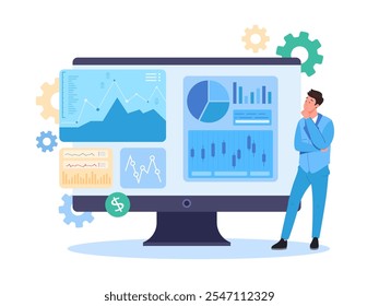Auditoria de dados profissionais. Painel de planilha do relatório de custo financeiro da inspeção de analistas de negócios, análise do gerente financeiro vetor de coordenação de orçamento corporativo ilustração original do trabalho artístico