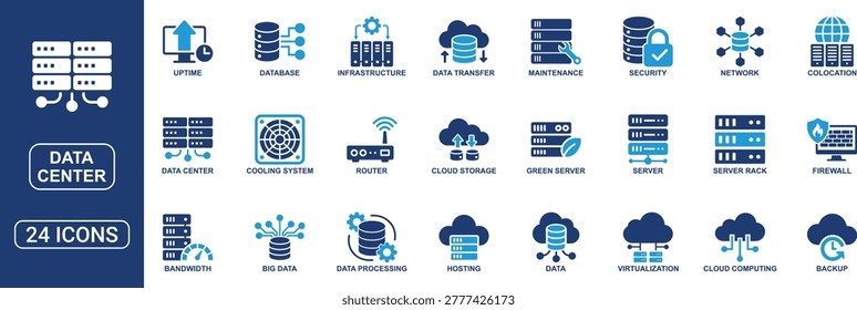 Professional data center solid icon set designed for IT infrastructure and cloud computing concepts. Includes icons for servers, hosting, cloud storage, backup systems, virtualization, data processing, bandwidth, networking, and server racks. Clean and scalable vector icons ideal for apps, dashboards, websites, and technology solutions.