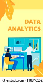 Professional Data Management Flat Poster Template. Company Top Manager Preparing Report, Presentation Cartoon Character. Finance Expert Analysing Market Trends. Assistant Typing on Keyboard
