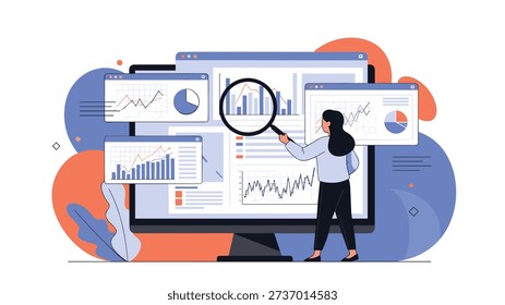 Professional data scientist or analyst inspecting complex business metrics and charts on large computer monitor with magnifying glass tool.